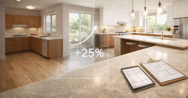 Modern renovated home interior with value increase graph showing return on investment from renovation