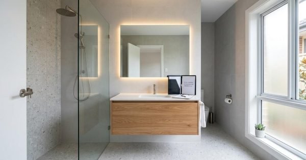 Modern Australian bathroom renovation with premium finishes and handover documents representing workmanship warranties, compliance certificates, and long-term renovation protection.