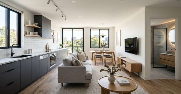 Professionally renovated Sydney Airbnb interior featuring a modern kitchen, stylish living area, and durable finishes designed for high-performing short-term rental accommodation.