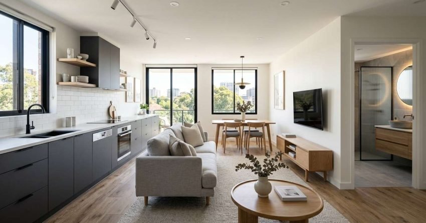 Professionally renovated Sydney Airbnb interior featuring a modern kitchen, stylish living area, and durable finishes designed for high-performing short-term rental accommodation.