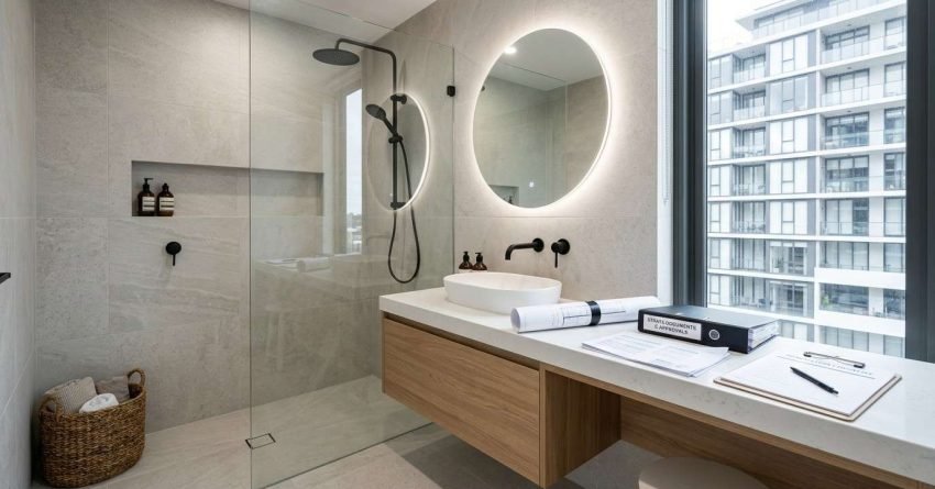 Modern Sydney strata apartment renovation with approval documents, architectural plans, and a renovated bathroom representing body corporate approval before renovation work begins.