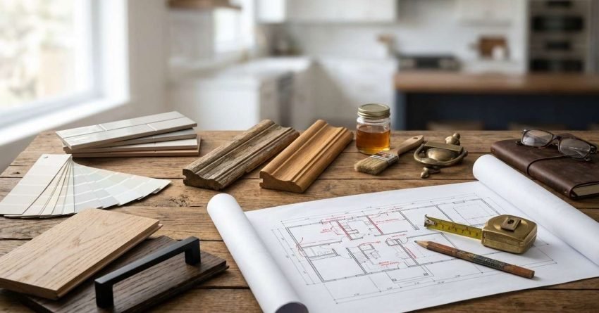 Architectural floor plan blueprint with redline revisions laid out on a wooden table alongside moulding samples, paint swatches, subway tiles, wood finishes, varnish, and drafting tools.