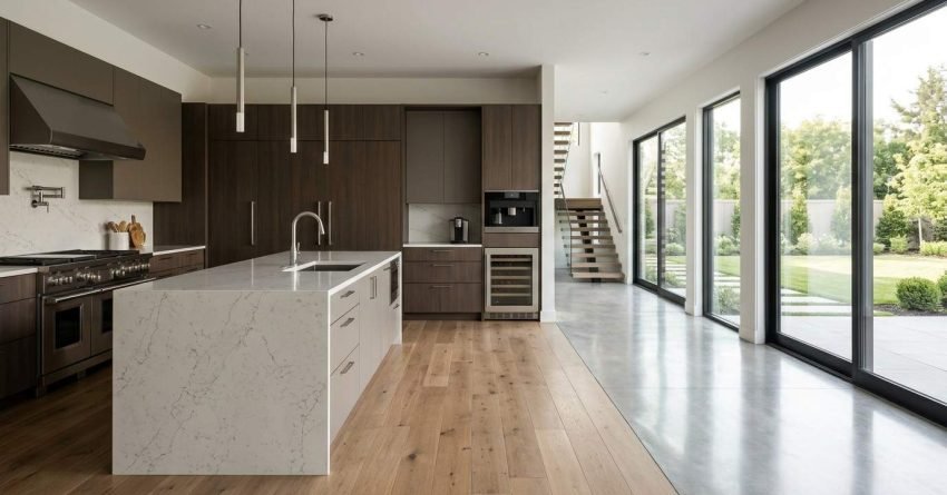 Modern open-plan luxury kitchen featuring a large white veined quartz waterfall island with an undermount sink and chrome gooseneck tap, floor-to-ceiling dark walnut veneer cabinetry, integrated wine fridge, and built-in coffee station, flanked by polished concrete and oak timber floors next to expansive black-framed glass sliding doors overlooking a garden.