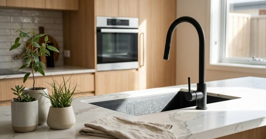 Modern matte black gooseneck faucet over an undermount composite sink on a white marble waterfall island with potted plants and warm wood kitchen cabinetry.