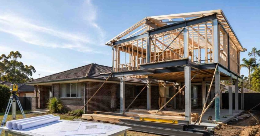 Australian brick home with a structurally engineered second-storey addition featuring exposed steel framing, reinforced supports, and precision construction in a Sydney suburban setting.