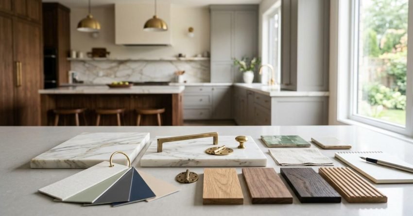 Kitchen design material palette displaying marble slabs, brass hardware fixtures, wood swatches, color fan cards, and ceramic tiles, set against a blurred background of a newly renovated kitchen.