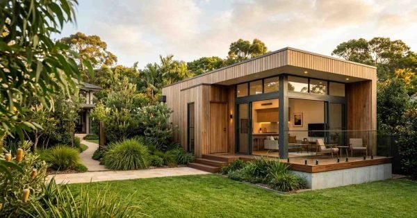Modern detached secondary dwelling unit in a Sydney backyard with contemporary architecture, private outdoor space, and the main residence in the background.