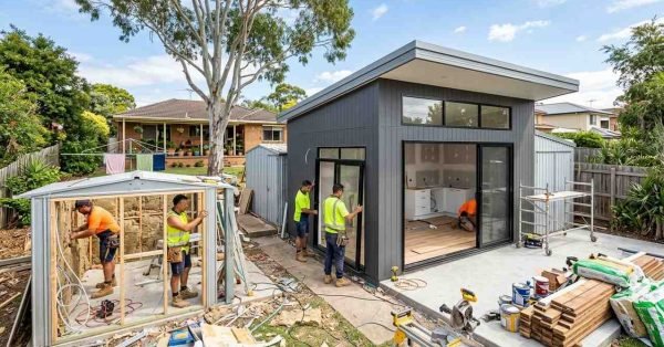 Australian backyard shed being converted into modern granny flat with builders and renovation work underway