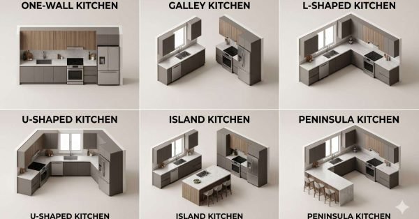 Diagram showing six kitchen layouts including one wall, galley, L-shaped, U-shaped, island and peninsula kitchen designs