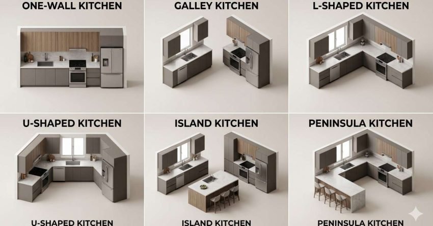 Diagram showing six kitchen layouts including one wall, galley, L-shaped, U-shaped, island and peninsula kitchen designs