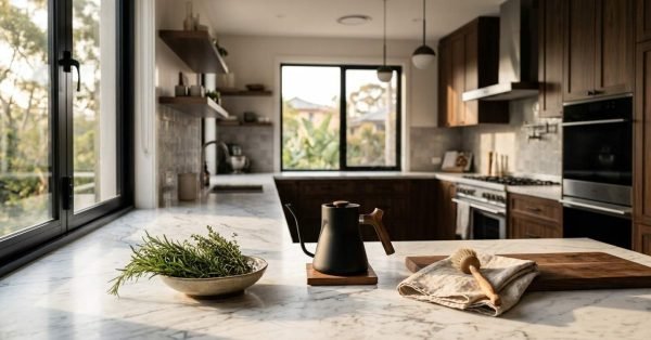 U-shaped kitchen layout with polished Calacatta marble benchtops featuring a matte black gooseneck kettle, fresh rosemary bowl, cutting board, rich walnut shaker cabinetry, and large black-framed windows overlooking lush greenery.