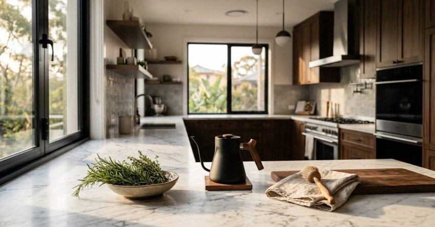 U-shaped kitchen layout with polished Calacatta marble benchtops featuring a matte black gooseneck kettle, fresh rosemary bowl, cutting board, rich walnut shaker cabinetry, and large black-framed windows overlooking lush greenery.