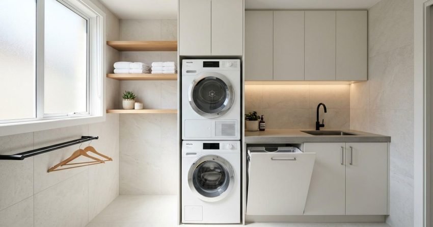 Compact modern laundry room with stacked appliances, custom storage cabinetry, and space-saving design ideas for maximising functionality in a small home.