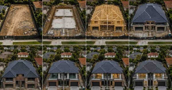 Aerial view of a Sydney duplex project showing multiple construction stages from site preparation and framing through roofing, exterior finishes, landscaping, and completed modern duplex homes ready for occupancy.