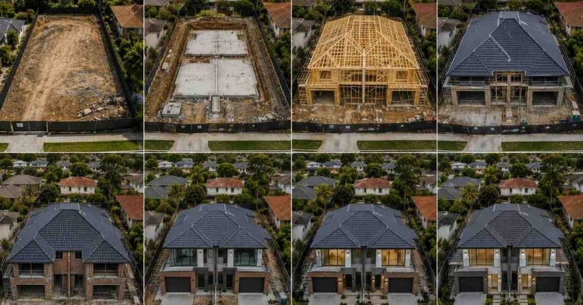 Aerial view of a Sydney duplex project showing multiple construction stages from site preparation and framing through roofing, exterior finishes, landscaping, and completed modern duplex homes ready for occupancy.
