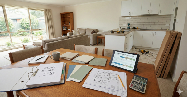 A bright, modest Australian home interior featuring a wooden dining table organized with renovation blueprints, paint swatches, and tile samples, representing smart financial planning for home improvements.