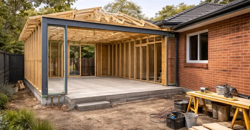 Timber framing and steel beams forming the structural framework of a home extension connected to an existing Sydney house.