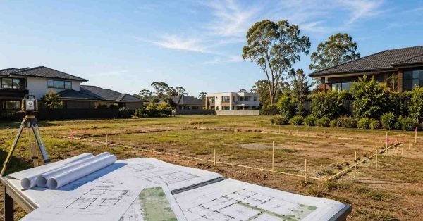 Modern duplex development site in suburban NSW with architectural plans, surveying equipment, and a prepared residential block illustrating the council approval process before construction begins.