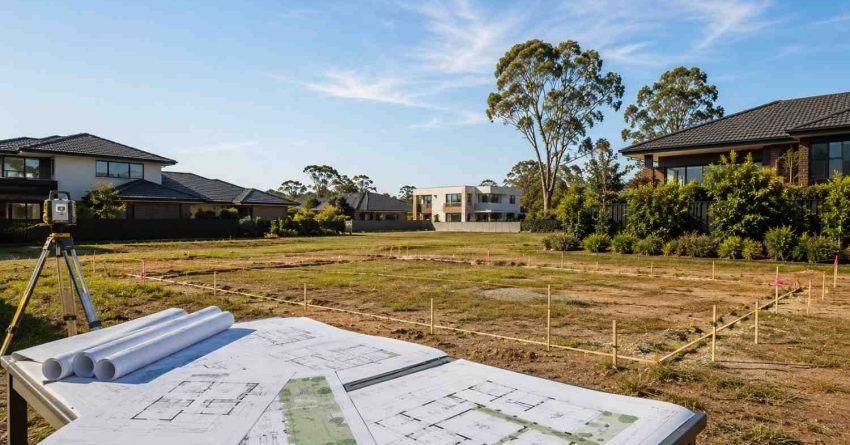 Modern duplex development site in suburban NSW with architectural plans, surveying equipment, and a prepared residential block illustrating the council approval process before construction begins.