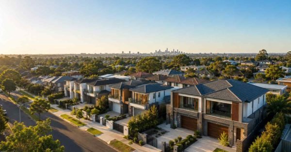 Modern duplex homes in an attractive Sydney suburban neighborhood with landscaped streets, contemporary architecture, and a premium residential environment ideal for duplex development.