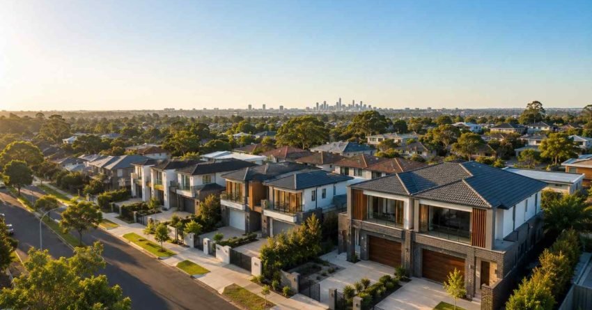 Modern duplex homes in an attractive Sydney suburban neighborhood with landscaped streets, contemporary architecture, and a premium residential environment ideal for duplex development.