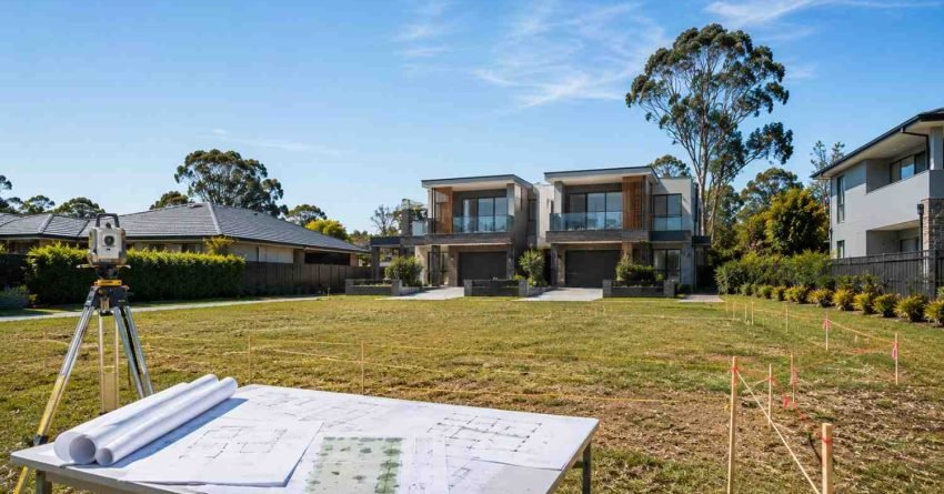 Vacant residential block in suburban Sydney with surveying equipment and architectural plans, illustrating duplex zoning assessment and site suitability for future development.
