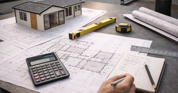 Architectural blueprints, calculator and house model used to plan the cost of a home extension project in Sydney.