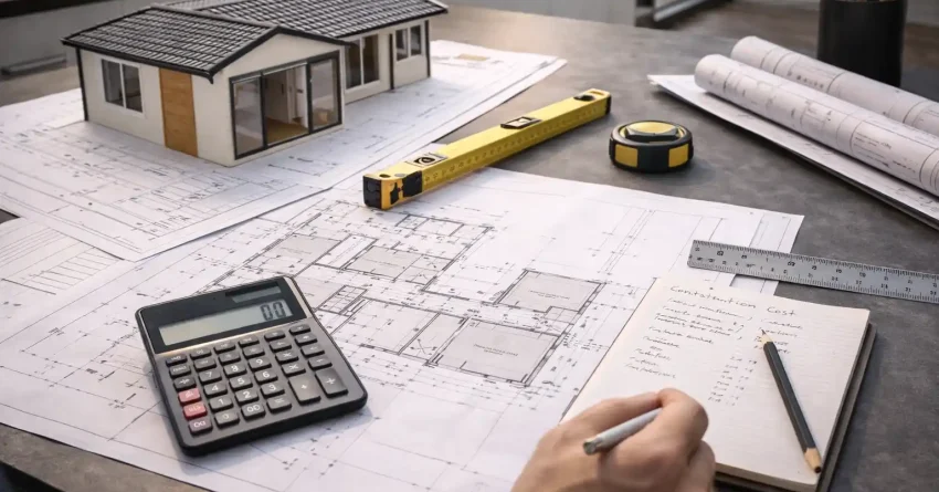 Architectural blueprints, calculator and house model used to plan the cost of a home extension project in Sydney.