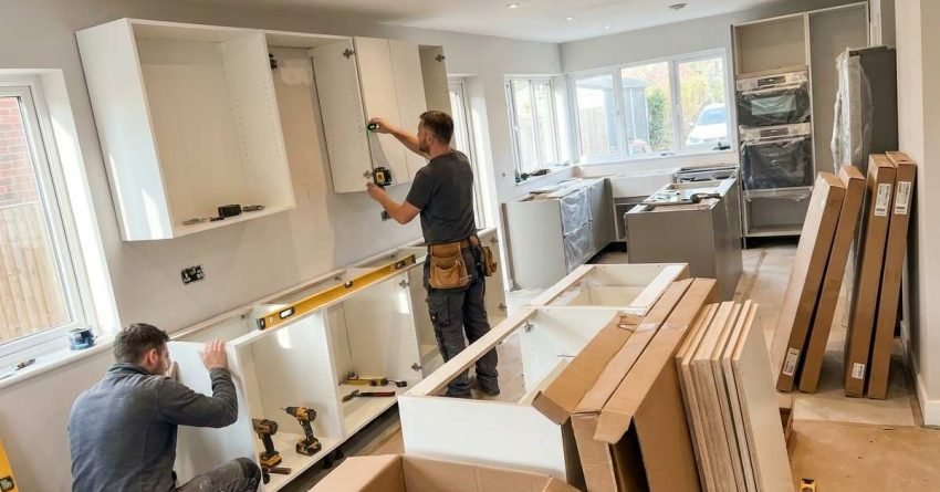 Workers installing IKEA style kitchen cabinets from flat pack boxes in a home renovation scene