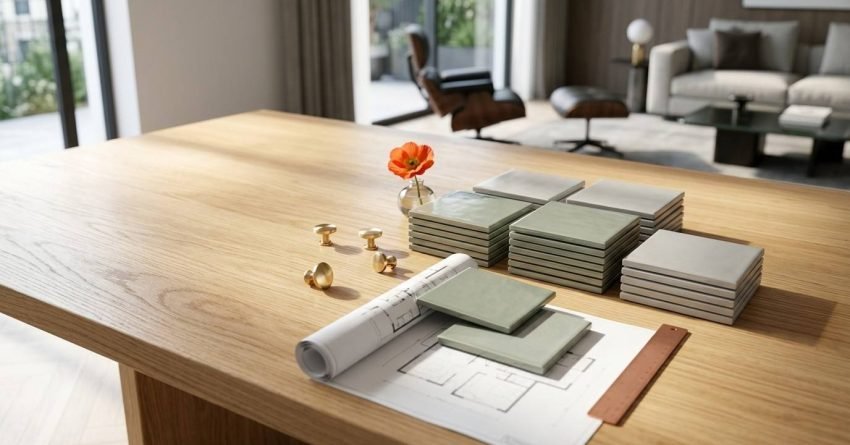 Property inspection report detailing foundation cracks and water damage lying on a wooden table beside a fountain pen, house keys, leather folder, and a cracked concrete sample with rusty rebar in front of a water-stained wall.