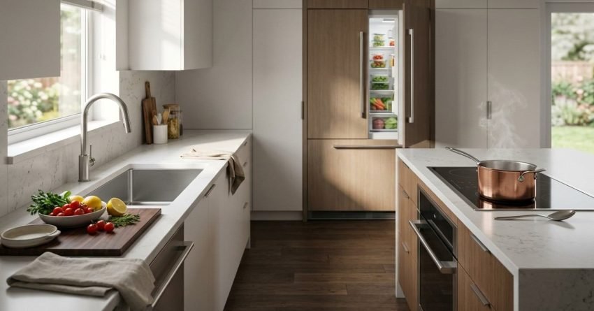 Modern ergonomic kitchen illustrating the working triangle between an open integrated wood-paneled refrigerator, a window-facing undermount sink with a gooseneck faucet, and a central island cooktop with a steaming copper pot.