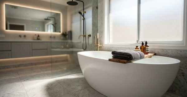 Freestanding white soaking bathtub with a wooden bath caddy and folded grey towel in a modern marble bathroom with an LED-backlit mirror, floating vanity, and matte black rain shower.