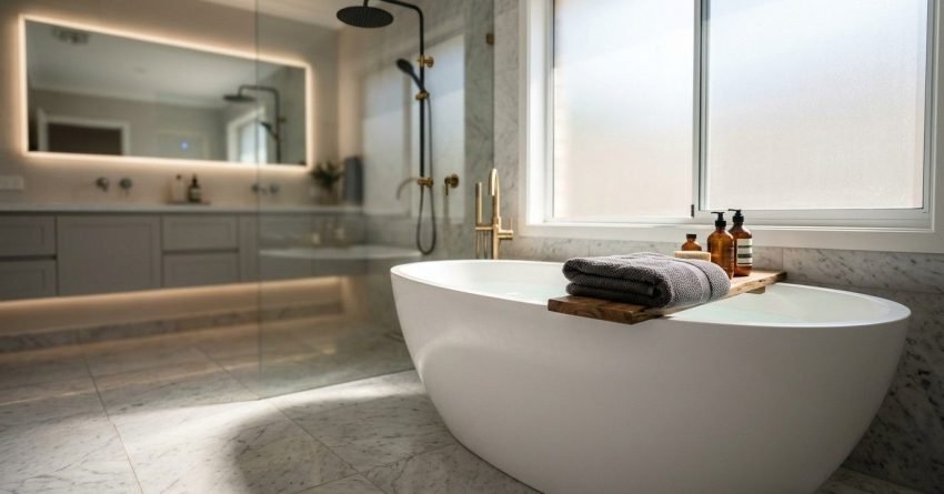 Freestanding white soaking bathtub with a wooden bath caddy and folded grey towel in a modern marble bathroom with an LED-backlit mirror, floating vanity, and matte black rain shower.
