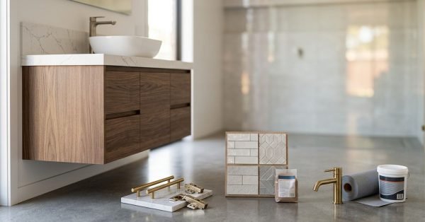 Modern bathroom renovation material palette arranged on a polished concrete floor featuring brass T-bar handles, concealed soft-close hinges, a tile sample board, grout pouch, brass basin tap, waterproofing membrane roll, and sealant bucket in front of a floating walnut vanity.