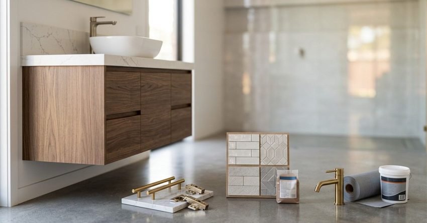 Modern bathroom renovation material palette arranged on a polished concrete floor featuring brass T-bar handles, concealed soft-close hinges, a tile sample board, grout pouch, brass basin tap, waterproofing membrane roll, and sealant bucket in front of a floating walnut vanity.