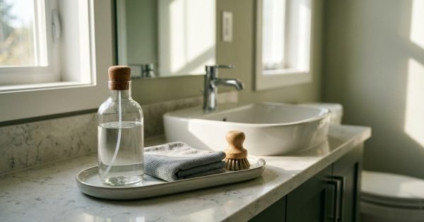 Eco-friendly bathroom cleaning set featuring a glass spray bottle with a cork top, folded microfiber cloth, and wooden scrub brush on a ceramic tray over a white marble vanity countertop beside a modern vessel sink.