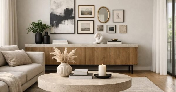 Example of the three five seven rule in interior design showing balanced decor groupings of 3, 5, and 7 items in a modern living room