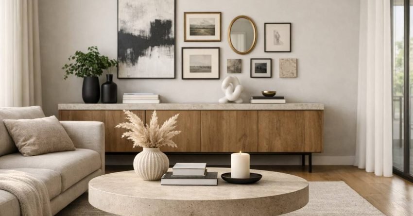 Example of the three five seven rule in interior design showing balanced decor groupings of 3, 5, and 7 items in a modern living room