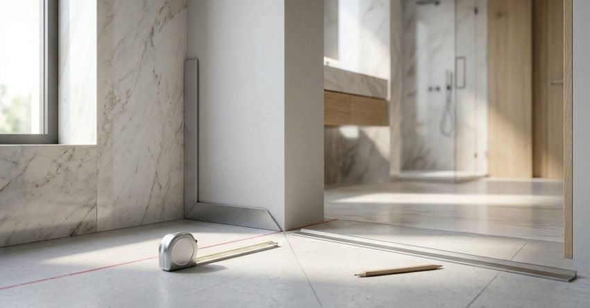 Precision bathroom layout alignment showing a builder's square against a doorway corner, a red laser line on the floor slab, a tape measure, and a carpenter's pencil, with a modern marble-tiled bathroom in the background.