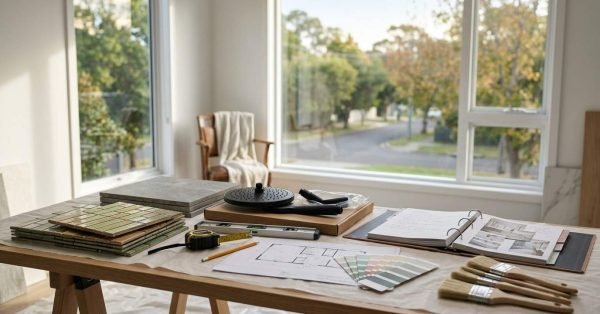 Bathroom interior design workstation on a trestle table featuring gloss green kit-kat tiles, matte black showerhead fixtures, floor plan blueprints, paint color swatches, paint brushes, a spirit level, and an open design binder against a large street-view window.