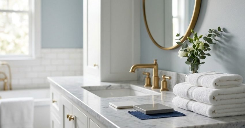 Classic coastal bathroom vanity featuring a white shaker cabinet with gold knobs, Carrara marble countertop, undermount sink, widespread brushed brass faucet, round gold mirror, and soft sky blue walls.