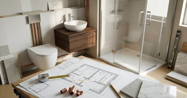 Bathroom renovation site featuring plumbing blueprints, tape measure, copper pipe fittings, and tile samples in the foreground, with rough-in plumbing, a floating walnut vanity, wall-hung toilet, and corner glass shower enclosure installed in the background.