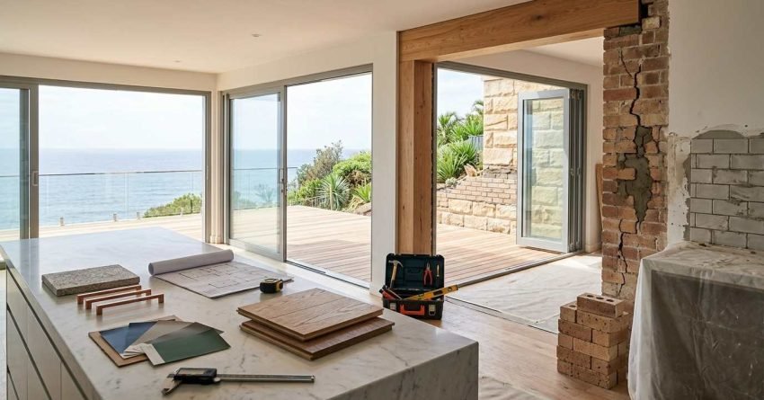 Structural home and kitchen remodel overlooking an ocean deck, showing an exposed brick support column, architectural blueprints, paint swatches, timber flooring samples, and tool kit on a Calacatta marble island bench.