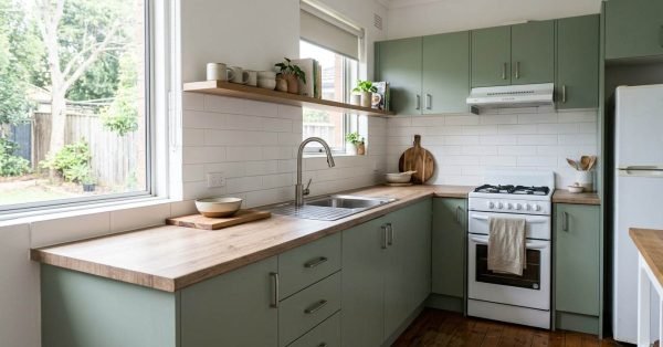 Modestly renovated kitchen with refreshed cabinetry, new hardware, updated countertop, backsplash, appliances, lighting, and flooring showing what a $15,000 kitchen renovation can achieve.