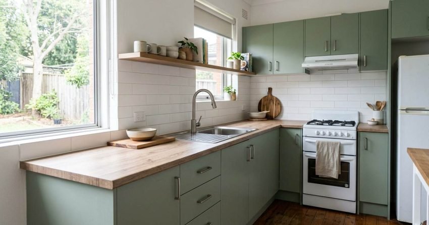 Modestly renovated kitchen with refreshed cabinetry, new hardware, updated countertop, backsplash, appliances, lighting, and flooring showing what a $15,000 kitchen renovation can achieve.