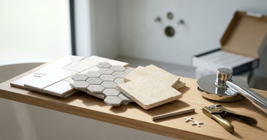 Bathroom tile and fixture samples including white subway tiles, grey hexagon mosaic tiles, travertine stone squares, tile spacers, a tile nibbler tool, and a chrome handheld shower head arranged on an oak bath caddy board.