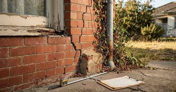 Severe foundation subsidence crack splitting a red brick exterior wall and concrete footing, shown with an extended tape measure, building inspection clipboard, rotted window sill, and downpipe.