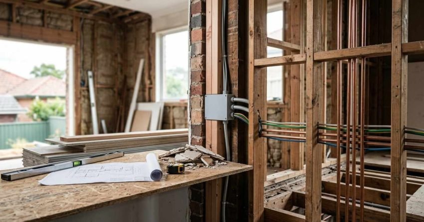 Full gut house renovation showing exposed wooden framing, electrical conduit junction box, copper plumbing pipes, and blueprints on a temporary workbench.
