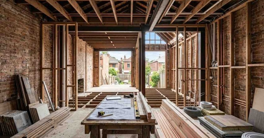 Sydney home undergoing a gut renovation with interior finishes removed to expose structural framing, plumbing, electrical systems, and original construction before complete rebuilding.
