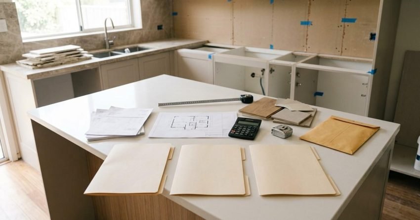 Sydney renovation planning workspace showing renovation quotes, budgeting tools, material samples, and financial documents representing cash, refinancing, and personal loan options.